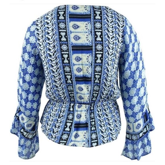 Free People Indigo Rosalie Wrap Top Blue Deep V Boho Ruffle Sleeve Size small - Picture 9 of 12